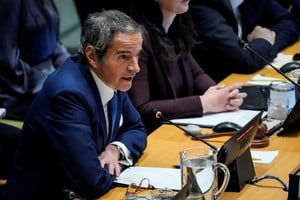 Rafael Mariano Grossi, candidate for the position of the next Secretary-General, speaks during a dialogue with delegations while candidates for the position of new United Nations Secretary General are interviewed at U.N. headquarters in New York City, U.S., April 21, 2026.  REUTERS/Eduardo Munoz