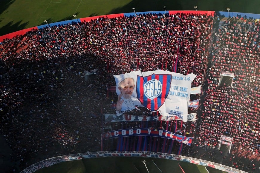 A drone view shows the Pedro Bidegain stadium on the day of an Argentine first division match between San Lorenzo de Almagro, Pope Francis' hometown soccer team, and Rosario Central, following the death of the pontiff, in Buenos Aires, Argentina, April 26, 2025. REUTERS/Matias Baglietto     TPX IMAGES OF THE DAY