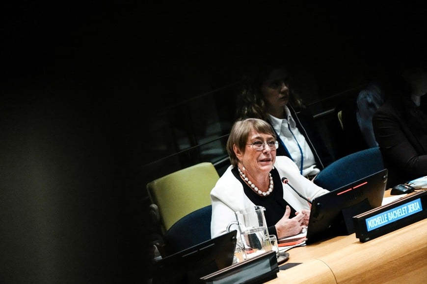 Michelle Bachelet Jeria, candidate for the position of the next Secretary-General speaks to delegates while candidates for the position of new United Nations Secretary General are interviewed at U.N. headquarters in New York City, U.S., April 21, 2026.  REUTERS/Eduardo Munoz