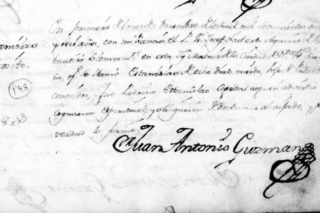 Registro parroquial del bautismo de Estanislao López en el que figura como hijo de "padres no conocidos", con la única mención de su padrino Estanislao Ojeda, de quien tomará el nombre.
