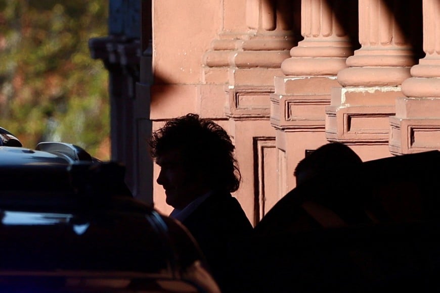 Argentina's President Javier Milei is silhouetted as he leaves after a meeting with U.S. billionaire venture capitalist Peter Thiel at the Casa Rosada Presidential Palace in Buenos Aires, Argentina, April 23, 2026. REUTERS/Matias Baglietto