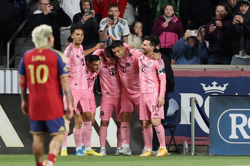 Apr 22, 2026; Sandy, Utah, USA; Inter Miami CF forward Luis Suarez (9) celebrates with teammates after scoring a goal against Real Salt Lake during the second half at America First Field. Mandatory Credit: Rob Gray-Imagn Images