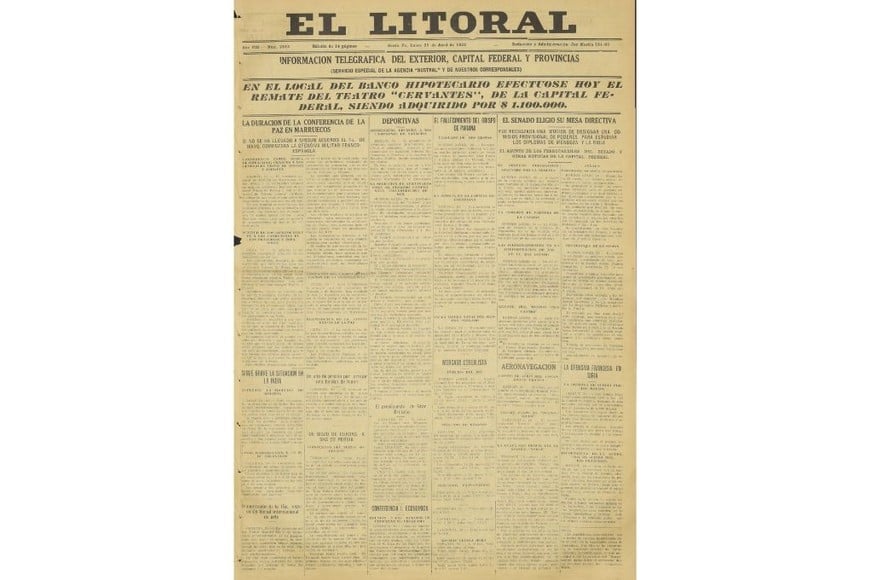 La portada del 26 de abril de 1926 de diario El Litoral.