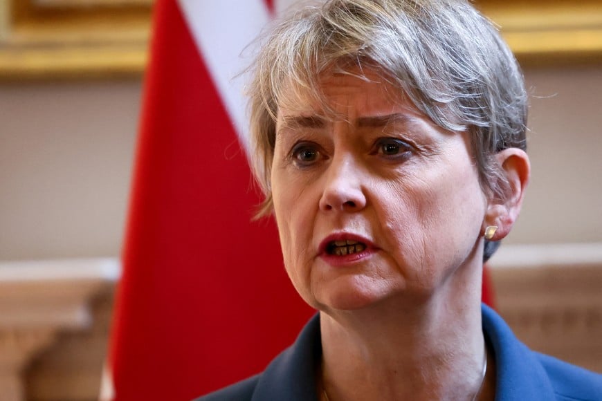 British Foreign Secretary Yvette Cooper speaks to the media during a meeting with Danish Foreign Minister Lars Loekke Rasmussen (not pictured) at 1 Carlton Gardens, in London, Britain, January 19, 2026. REUTERS/Jack Taylor/Pool
