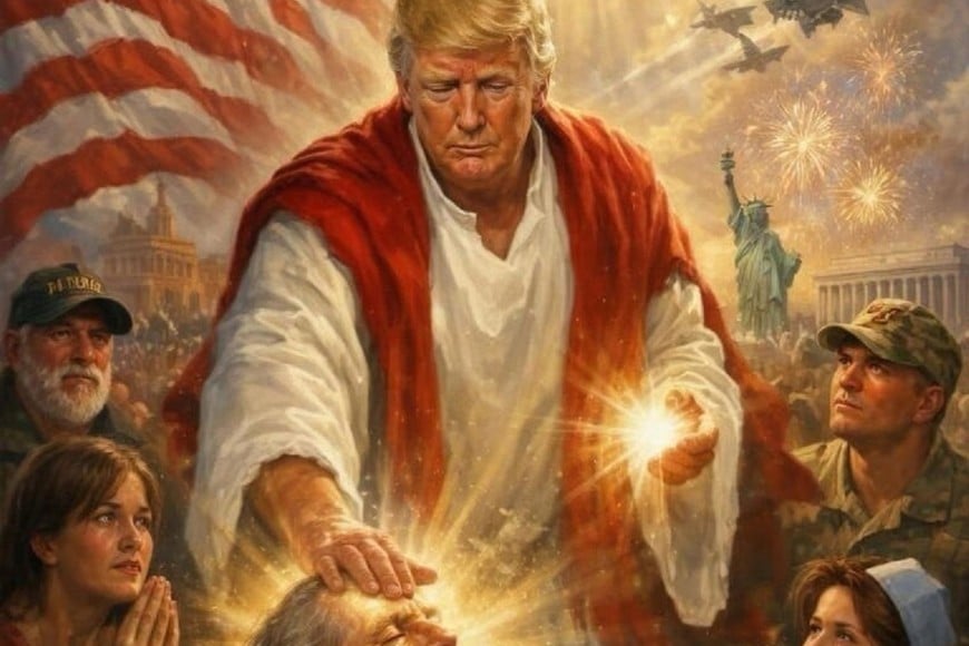 Punto álgido de la tensión entre Washington y el Vaticano. Instrumentalización de la iconografía cristiana, recurriendo a la publicación de esta imagen generada con IA, en la que se sitúa a Donald Trump en una proximidad blasfema con la figura redentora de Jesucristo, como intento de sacralizar la figura del líder político hasta el punto patético de la auto-idolatría.