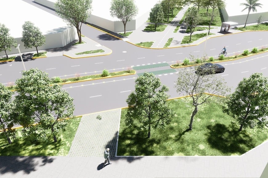 Vista del arbolado y veredas. Maqueta digital elaborada por la Municipalidad de Santa Fe. MCSF.