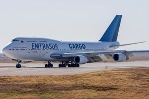 A view of the Boeing 747 aircraft registered with the number YV3531 of Venezuelan Emtrasur Cargo airline, at the Cordoba International airport, Ambrosio Taravella, in Cordoba, Argentina, June 6, 2022. Picture taken June 6, 2022. REUTERS/Sebastian Borsero NO RESALES. NO ARCHIVES.