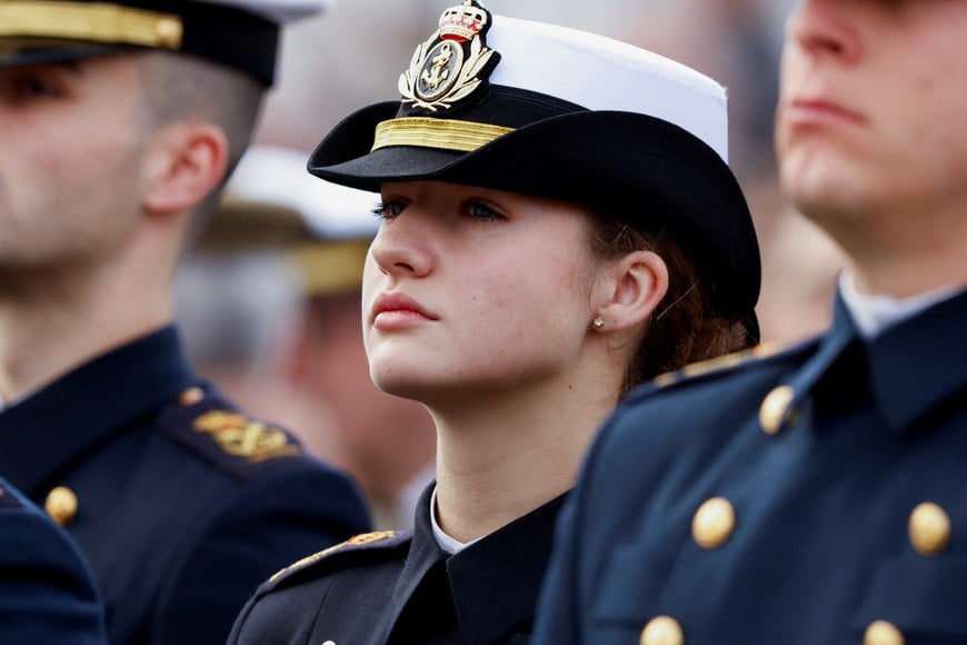 Spain's Princess Leonor lines up as she sets sail on the Spanish navy training ship Juan Sebastian de Elcano in Cadiz, Spain, January 11, 2025. REUTERS/Marcelo del Pozo