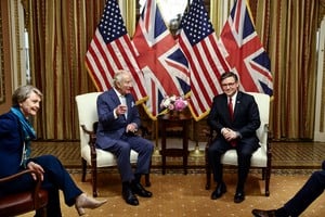 Britain's King Charles III and U.S. House Speaker Mike Johnson (R-LA) look on during a meeting with Congressional leadership prior to a Joint Meeting of Congress at the US Capitol in Washington, DC, April 28, 2026. Henry Nicholls/Pool via REUTERS