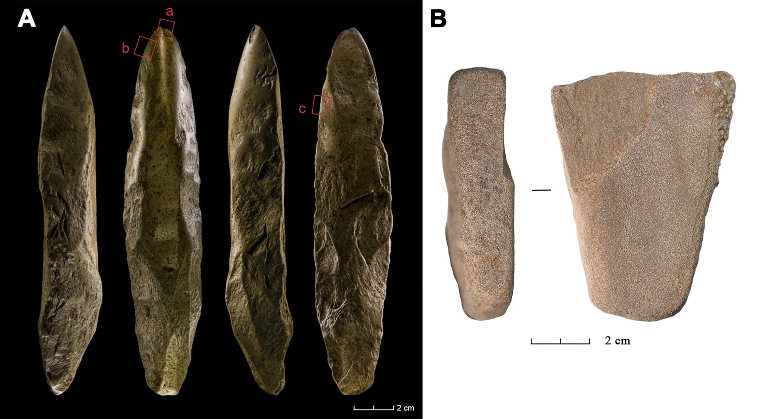 Herramientas de piedra pulida desenterradas en el yacimiento paleolítico de Dadong.