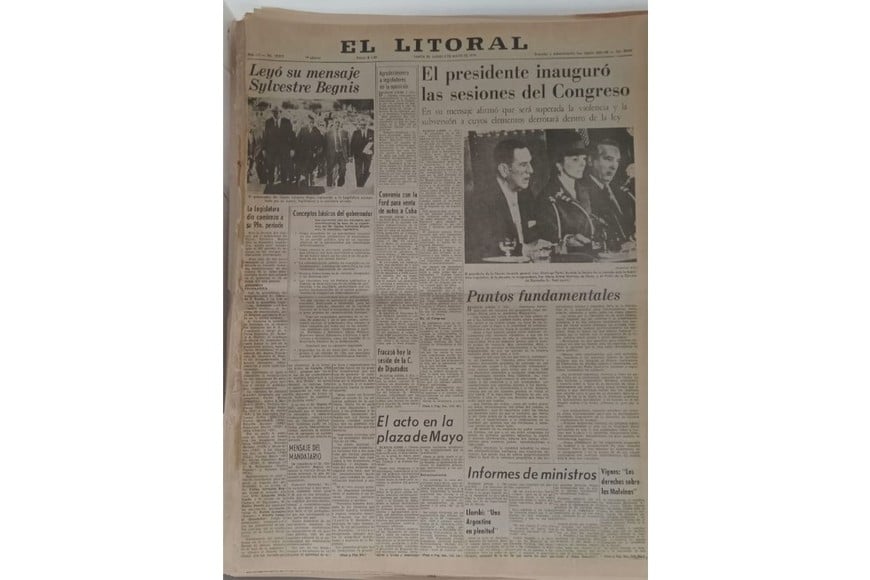 Tapas de diario El Litoral de 2 de mayo de diferentes años, al día después de la apertura de sesiones cuando coincidía la fecha en el Congreso de la Nación y en Legislatura. 1964, 1973 y 1984 cuando fueron los turnos de Tessio, Sylvestre Begnis y Vernet. Crédito: Archivo El Litoral