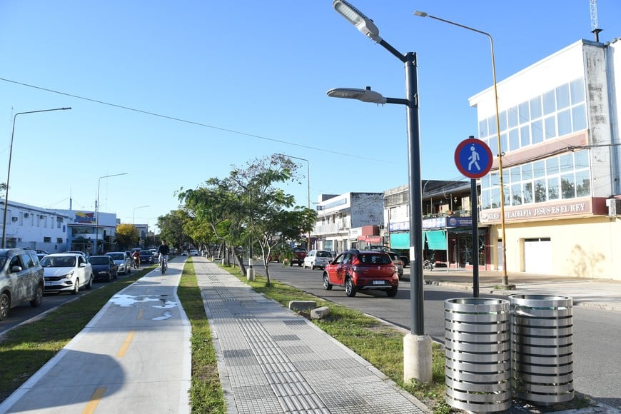 Cestos, columnas de iluminación y bancos completan la avenida que tiene una senda peatonal y otra de ciclistas. Foto: Manuel Fabatía
