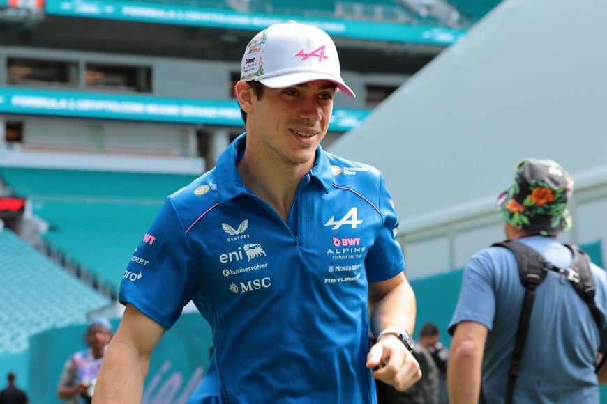 Apr 30, 2026; Miami Gardens, FL, USA; Alpine driver Franco Colapinto (43) arrives to the paddock area at Miami International Autodrome. Mandatory Credit: Sam Navarro-Imagn Images