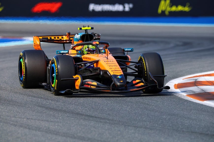 May 1, 2026; Miami Gardens, FL, USA; McLaren driver Lando Norris (1) during Sprint qualifying before the Crypto.com Miami Grand Prix at Miami International Autodrome. Mandatory Credit: Nathan Ray Seebeck-Imagn Images