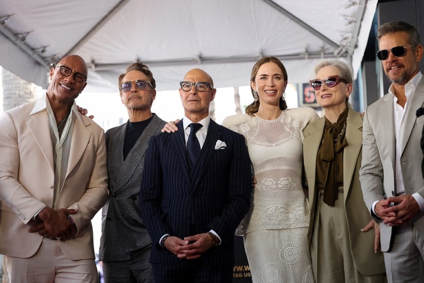 Actors Emily Blunt and Stanley Tucci unveil their stars on the Hollywood Walk of Fame, next to Meryl Streep, Robert Downey Jr., Dwayne Johnson and Matt Damon in Los Angeles, California, U.S., April 30, 2026. REUTERS/Mario Anzuoni