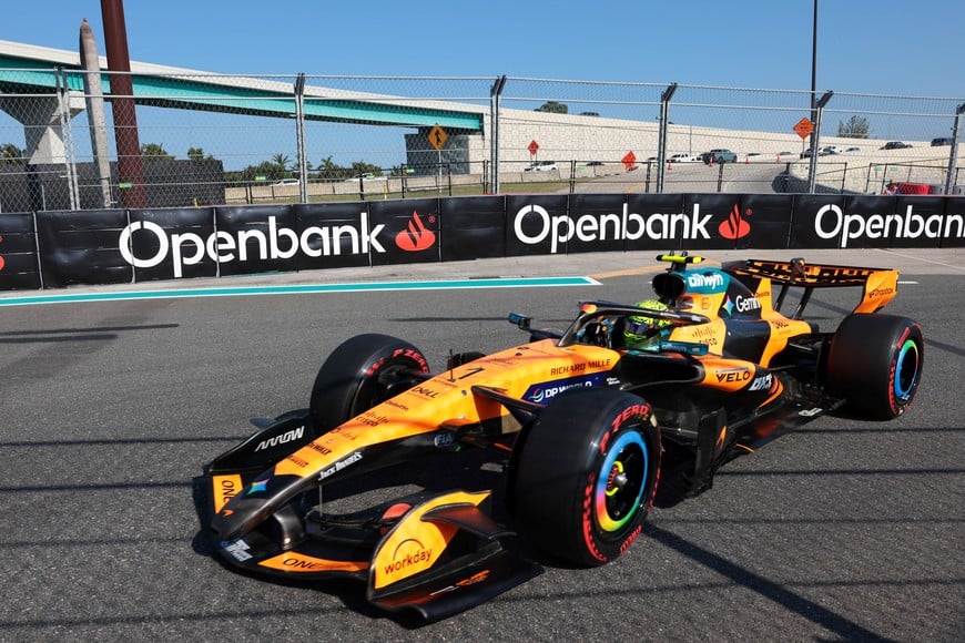 May 1, 2026; Miami Gardens, FL, USA; McLaren driver Lando Norris (1) during the Sprint Qualifying session before the Crypto.com Miami Grand Prix at Miami International Autodrome. Mandatory Credit: Sam Navarro-Imagn Images
