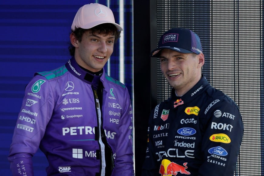 Formula One F1 - Miami Grand Prix - Miami International Autodrome, Miami, Florida, United States - May 2, 2026 
Mercedes' Andrea Kimi Antonelli celebrates on the podium after qualifying in pole position with second place Red Bull's Max Verstappen REUTERS/Brian Snyder