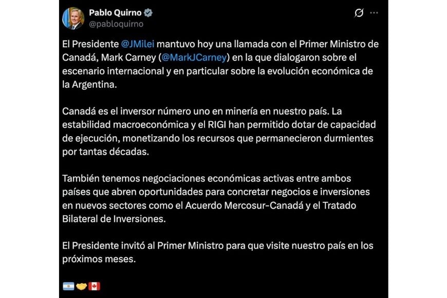 Milei invitó a Carney para que visite el país en los próximos meses, según indicó el canciller Pablo Quirno.