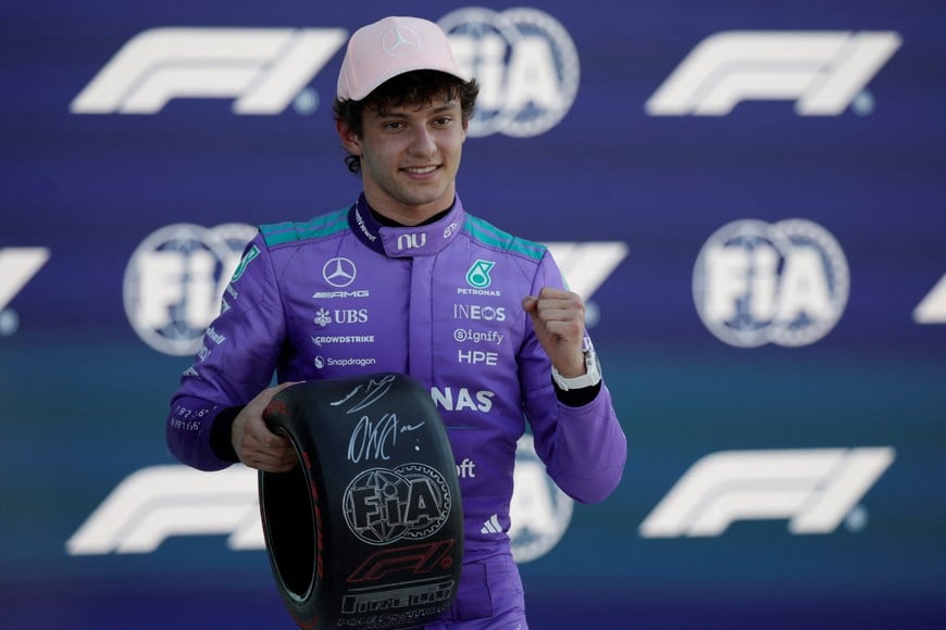 Formula One F1 - Miami Grand Prix - Miami International Autodrome, Miami, Florida, United States - May 2, 2026 
Mercedes' Andrea Kimi Antonelli celebrates on the podium after qualifying in pole position REUTERS/Brian Snyder