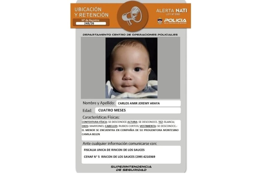 La Policía de Neuquén activó la alerta Nati por la desaparición del bebé de 4 meses