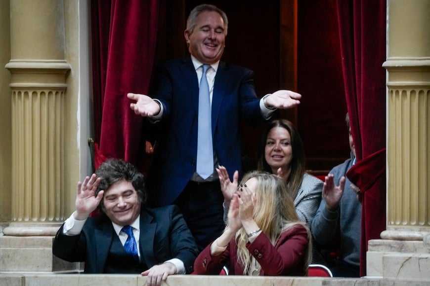 Argentina's Minister of Foreign Affairs, International Trade, and Worship Pablo Quirno gestures towards Argentina's President Javier Milei and General Secretary of the Presidency Karina Milei, on the day Argentina's Cabinet Chief Manuel Adorni presents his management report at the National Congress, in Buenos Aires, Argentina, April 29, 2026. REUTERS/Mariana Nedelcu