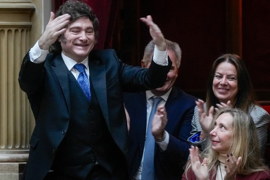 Argentina's President Javier Milei gestures, next to General Secretary of the Presidency Karina Milei, on the day Argentina's Cabinet Chief Manuel Adorni presents his management report at the National Congress, in Buenos Aires, Argentina, April 29, 2026. REUTERS/Mariana Nedelcu