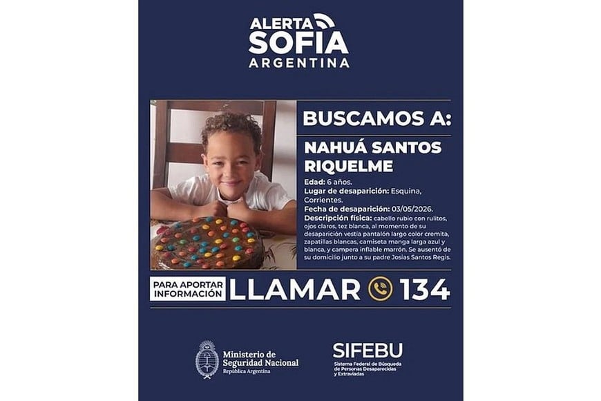 Alerta Sofía por la desaparición de Nahuá Santos Riquelme en Corrientes.