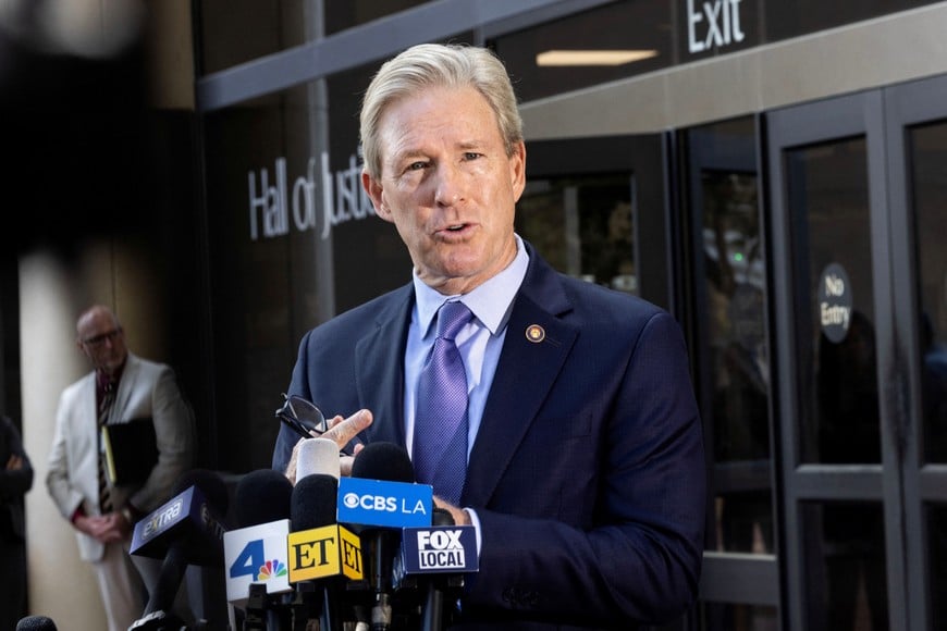Ventura County District Attorney Erik Nasarenko speaks with reporters during the arraignment of US singer Britney Spears in her DUI case at the Ventura County Superior Court in Ventura, California, U.S., May 4, 2026. REUTERS/Aude Guerrucci