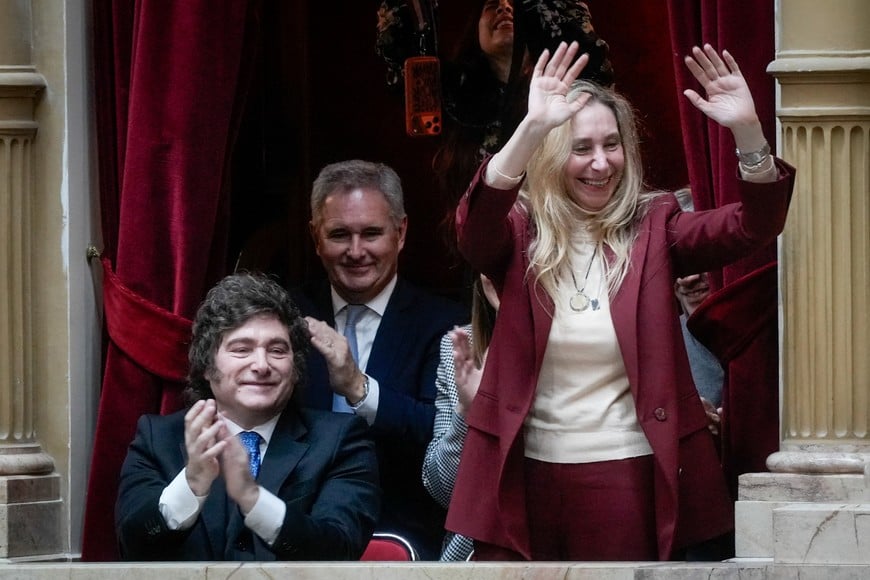 General Secretary of the Presidency Karina Milei gestures, next to Argentina's President Javier Milei, on the day Argentina's Cabinet Chief Manuel Adorni presents his management report at the National Congress, in Buenos Aires, Argentina, April 29, 2026. REUTERS/Mariana Nedelcu