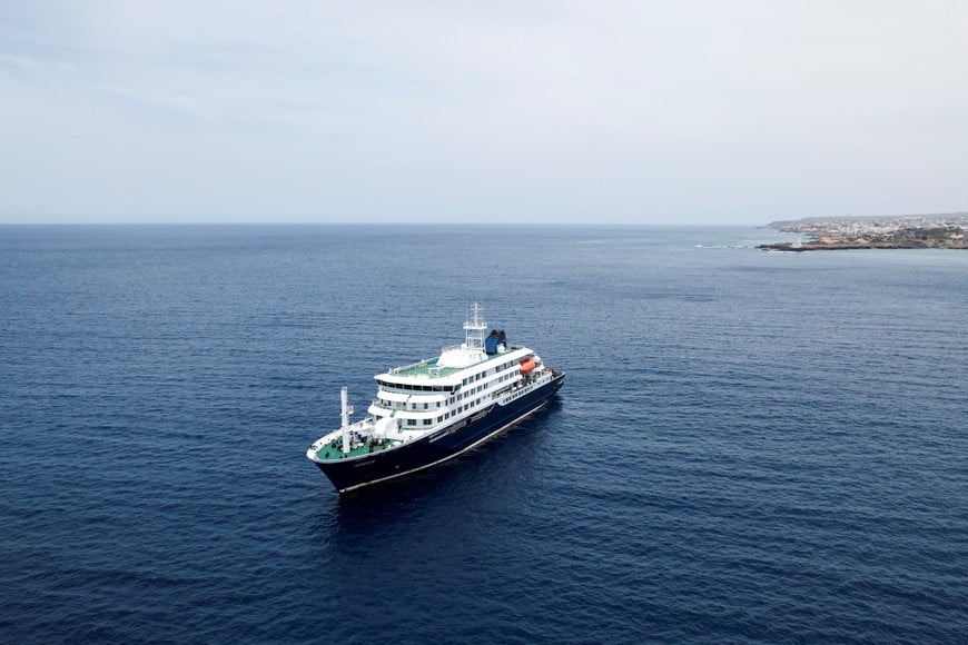 A drone view of the cruise ship MV Hondius, carrying passengers suspected of having cases of hantavirus on board, as it prepares to leave Praia, Cape Verde, May 6, 2026. REUTERS/Danilson Sequeira