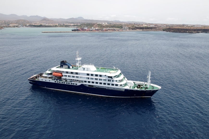 A drone view of the cruise ship MV Hondius, carrying passengers suspected of having cases of hantavirus on board, as it prepares to leave Praia, Cape Verde, May 6, 2026. REUTERS/Danilson Sequeira