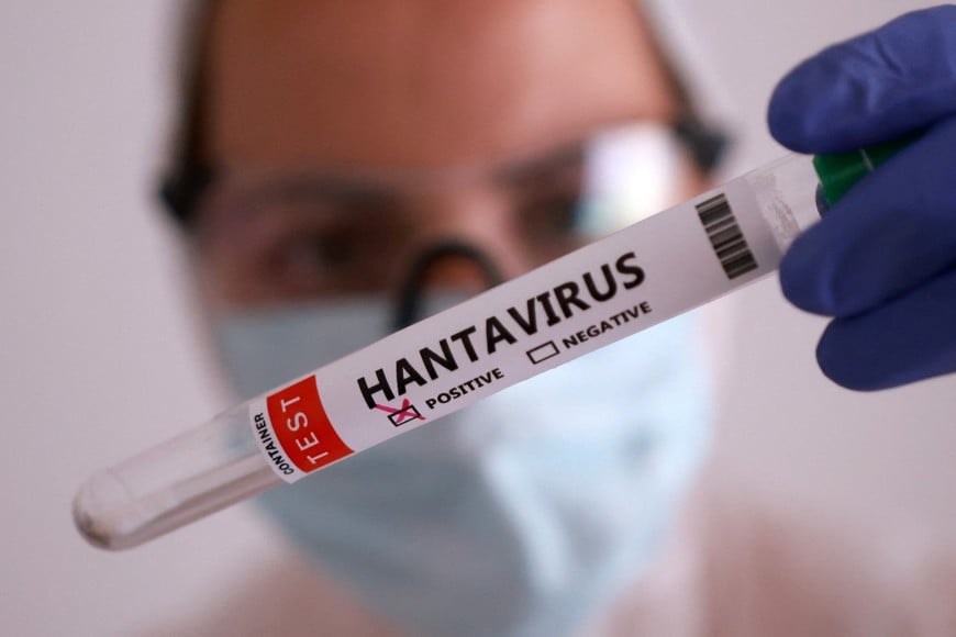 A test tube labelled "Hantavirus positive" is held in this illustration taken May 7, 2026. REUTERS/Dado Ruvic/Illustration