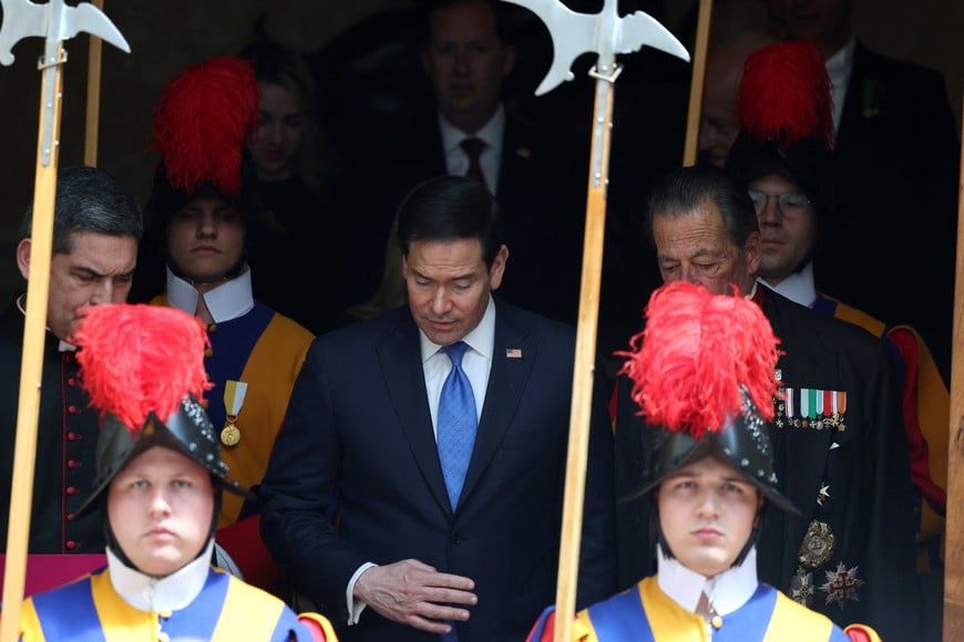 U.S. Secretary of State Marco Rubio leaves the San Damaso courtyard after meeting Pope Leo XIV at the Vatican, May 7, 2026. REUTERS/Yara Nardi