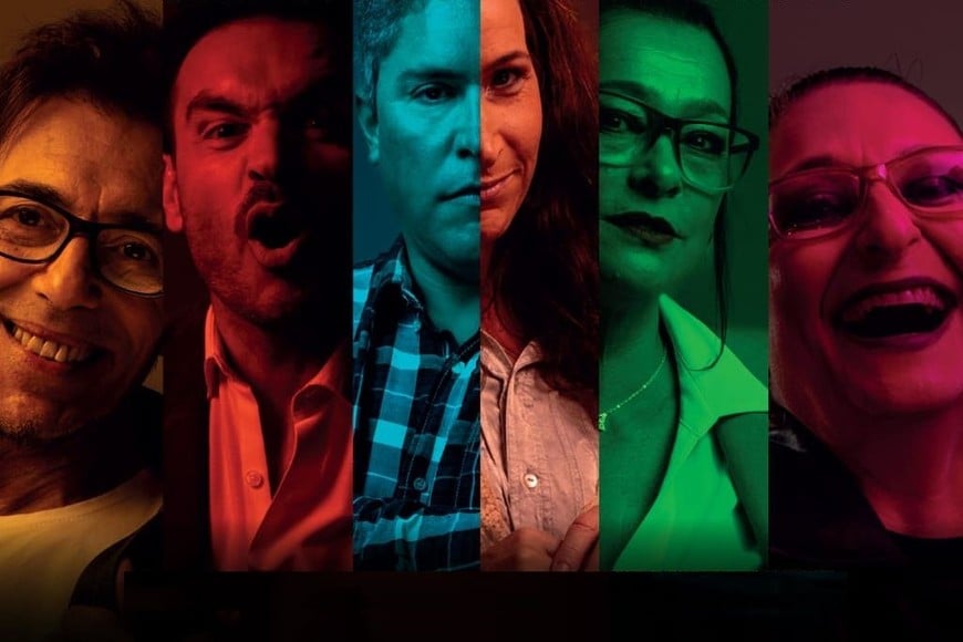 Adrián Cáceres, el propio Maya, Mariano Rubiolo, Mirna Cettour, Marisa Ramírez y Nelda González en “Bajo terapia”. Foto: Gentileza producción
