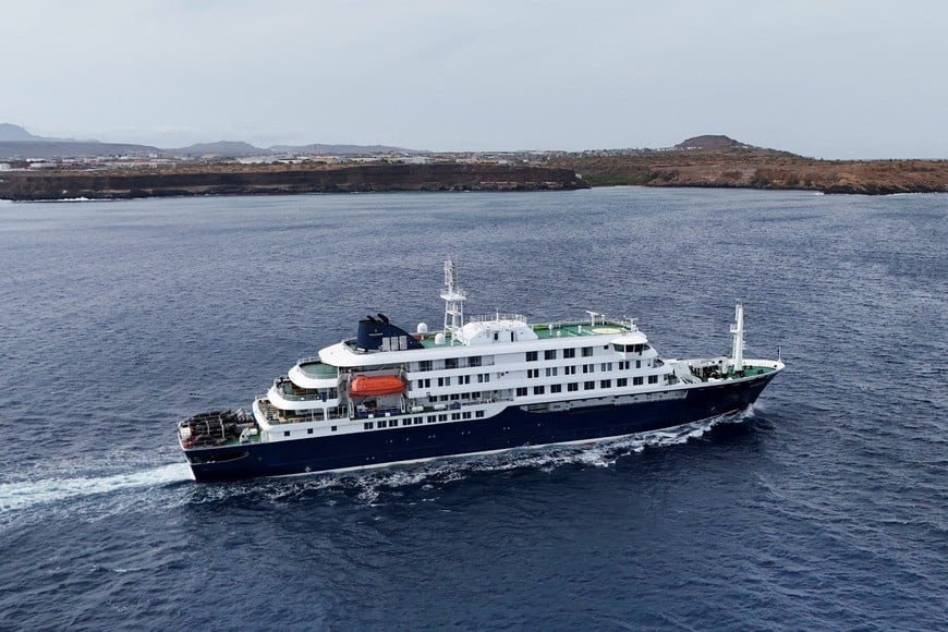 A drone view of the cruise ship MV Hondius, carrying passengers suspected of having cases of hantavirus on board, leaves Praia, Cape Verde, May 6, 2026. REUTERS/Stringer