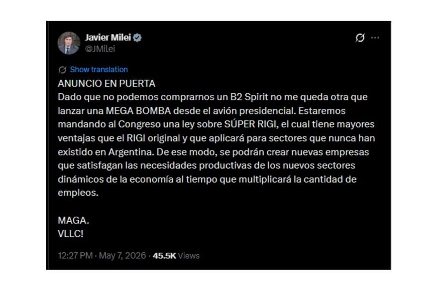 Milei anunció el “Súper RIGI” a través de sus redes sociales