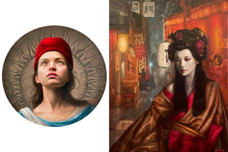 Ricardo Celma: “Del Sol nacida”, óleo sobre lienzo, 60 x 60 cm, 2021; “Tokyo’s Blues”, óleo sobre lienzo, 50 x 40 cm, 2023.
