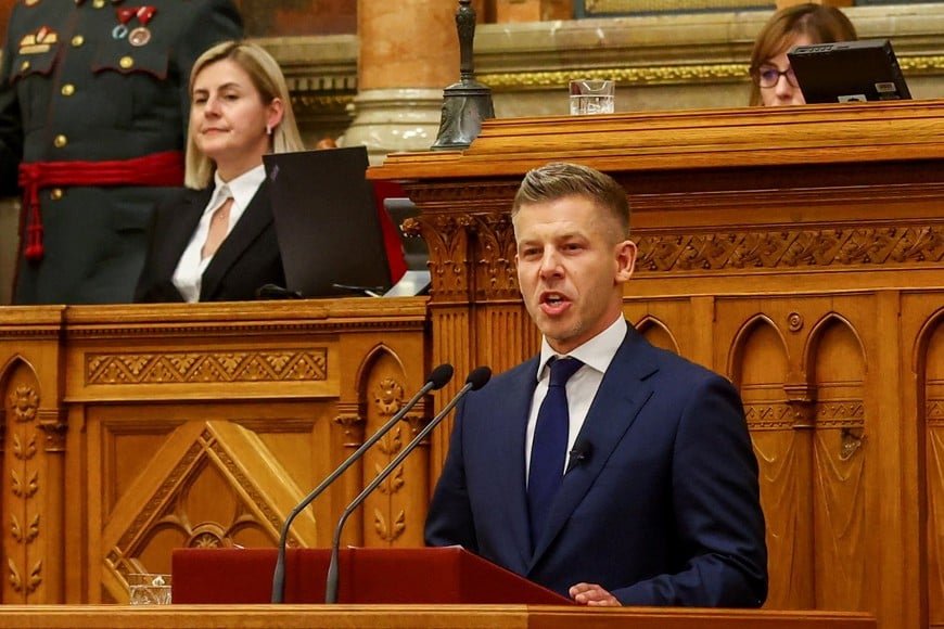 Peter Magyar delivers a speech after becoming Hungary's new Prime Minister, at the Parliament in Budapest, Hungary, May 9, 2026. REUTERS/Bernadett Szabo