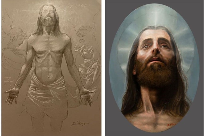Ricardo Celma: “Estudio de Cristo I”, lápiz sobre cartulina, 39 x 29 cm, 2023; “Resurrectio”, óleo sobre lienzo, 50 x 35 cm, 2023.