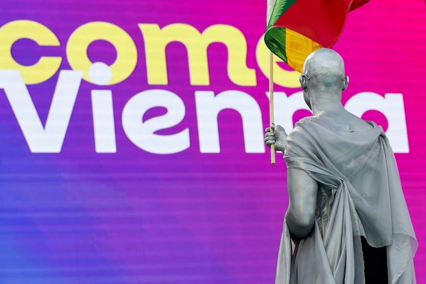 Lion Ceccah, representing Lithuania, attends the 2026 Eurovision Song Contest's 'Turquoise Carpet' event in Vienna, Austria, May 10, 2026. REUTERS/Lisa Leutner