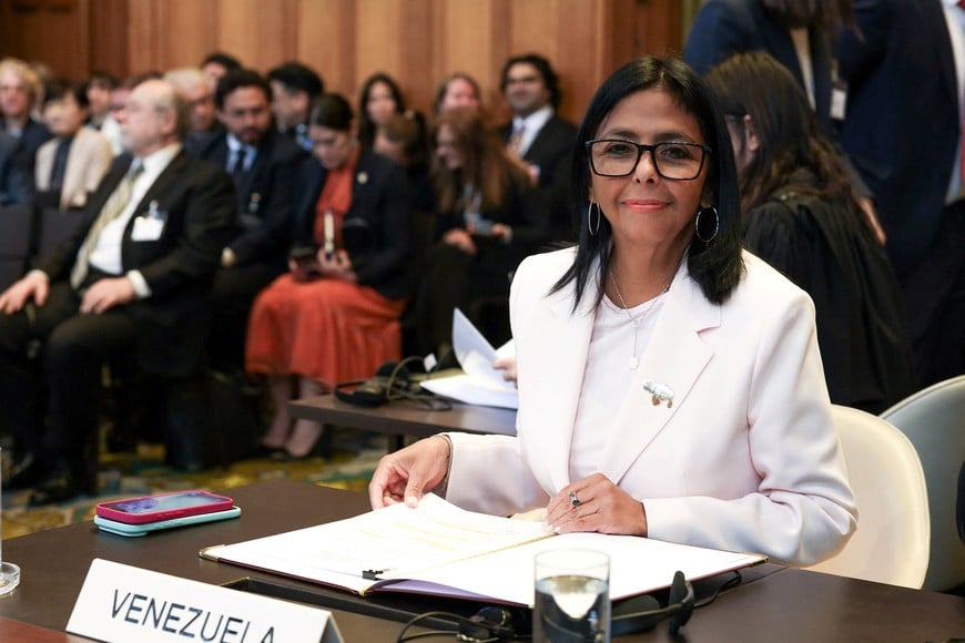 Venezuela's acting President Delcy Rodriguez participates in a hearing at the International Court of Justice (ICJ) on the territorial dispute with Guyana over the Essequibo region in The Hague, Netherlands, May 11, 2026. Miraflores Palace/Handout via REUTERS ATTENTION EDITORS - THIS IMAGE HAS BEEN SUPPLIED BY A THIRD PARTY.