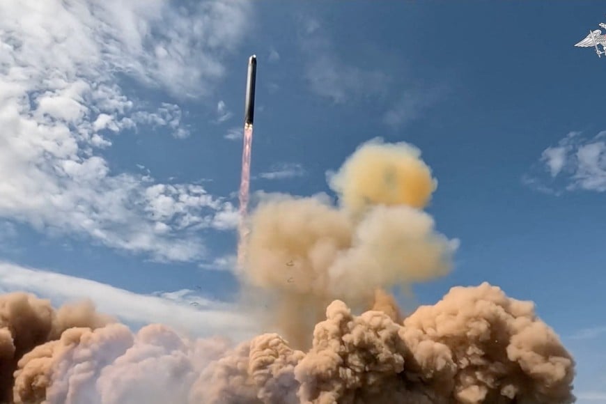 A test launch of Russia's Sarmat intercontinental ballistic missile at an unidentified location, in this still image taken from a video released on May 12, 2026. Russian Defence Ministry/Handout via REUTERS ATTENTION EDITORS - THIS IMAGE WAS PROVIDED BY A THIRD PARTY. NO RESALES. NO ARCHIVES. MANDATORY CREDIT.