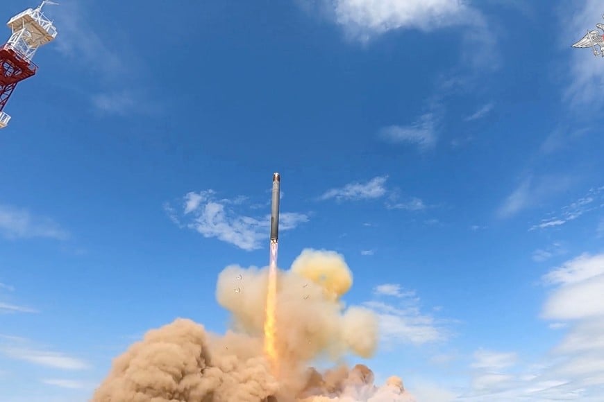 A test launch of Russia's Sarmat intercontinental ballistic missile at an unidentified location, in this still image taken from a video released on May 12, 2026. Russian Defence Ministry/Handout via REUTERS ATTENTION EDITORS - THIS IMAGE WAS PROVIDED BY A THIRD PARTY. NO RESALES. NO ARCHIVES. MANDATORY CREDIT.