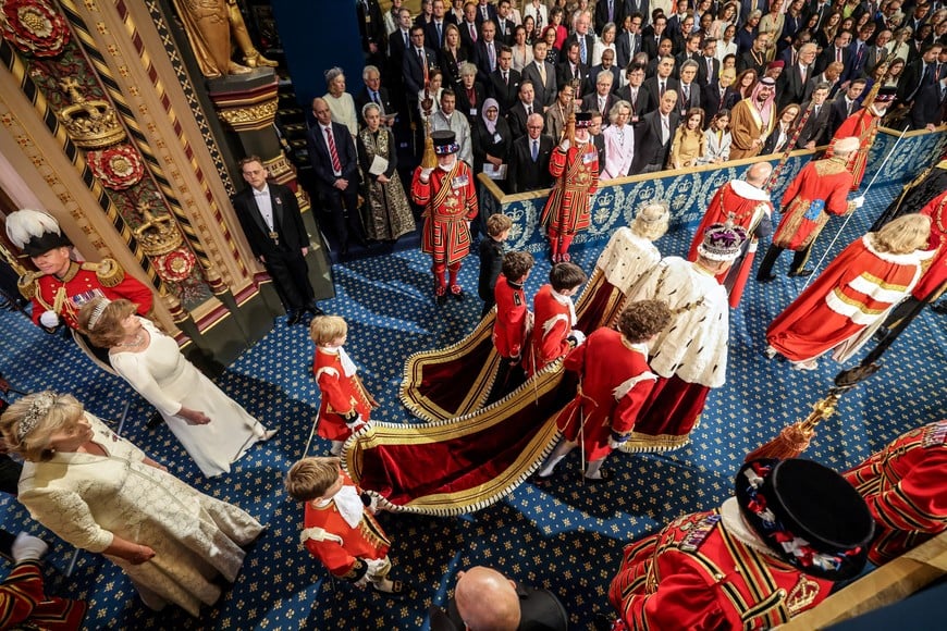 Britain's King Charles and Queen Camilla process out of the Lord’s chamber following the King’s speech during the state opening of Parliament, in London, Britain, May 13, 2026. Richard Pohle/Pool via REUTERS