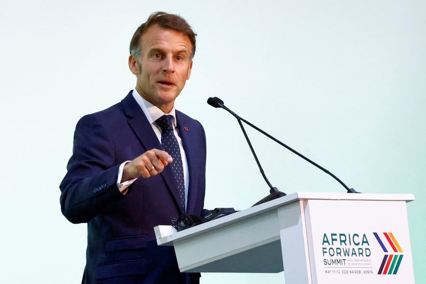 French President Emmanuel Macron addresses the Africa Forward Summit 2026 at the Kenyatta International Convention Centre (KICC), in Nairobi, Kenya, May 12, 2026. REUTERS/Thomas Mukoya