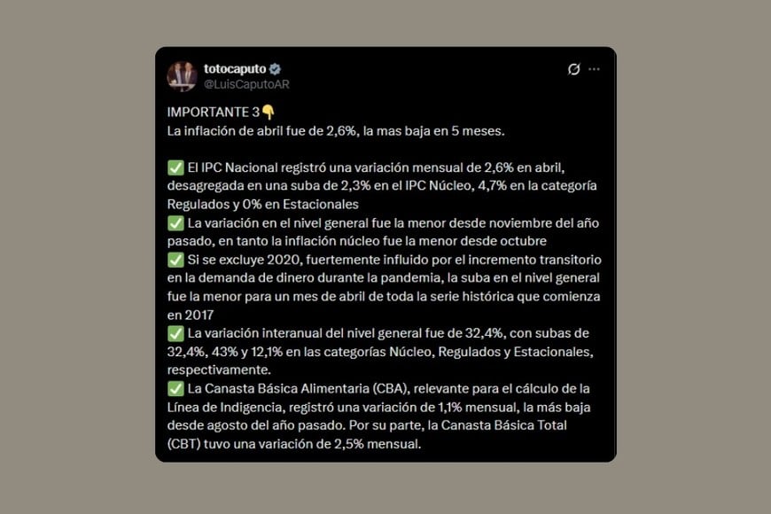 El comentario de Caputo sobre la inflación.