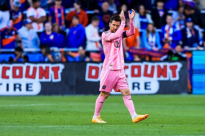 May 13, 2026; Cincinnati, Ohio, USA; Inter Miami CF midfielder Lionel Messi (10) celebrates after scoring a goal against FC Cincinnati in the first half at TQL Stadium. Mandatory Credit: Katie Stratman-Imagn Images