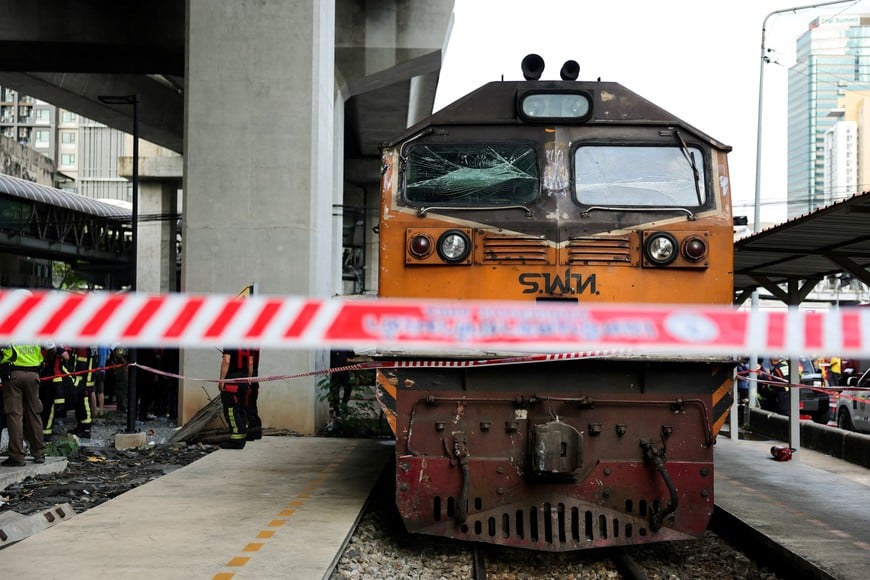 A view of a train after its collision with a bus and several cars on Asok-Din Daeng Road, causing several casualties, in Bangkok, Thailand, May 16, 2026. REUTERS/Athit Perawongmetha