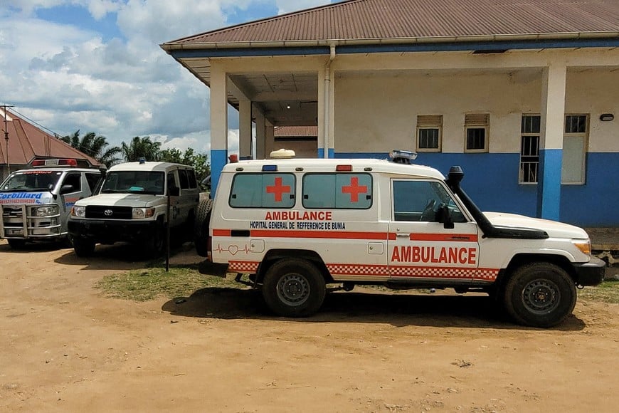 Ambulances parked at Bunia General Referral Hospital following confirmation of an Ebola outbreak involving the Bundibugyo strain in Bunia, Ituri province, Democratic Republic of Congo, May 16, 2026. Picture taken with a mobile phone. REUTERS/Victoire Mukenge?