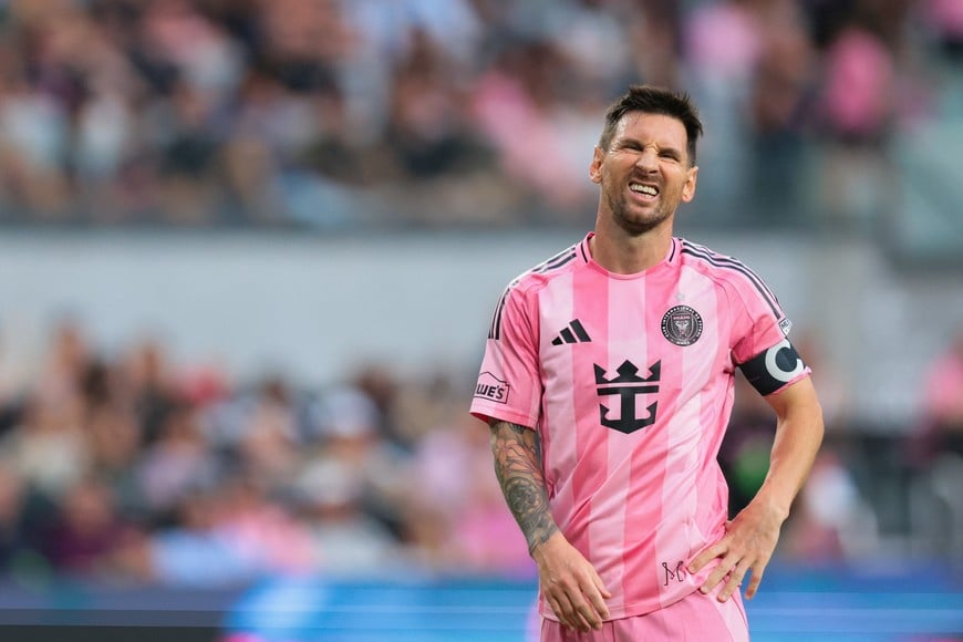 May 17, 2026; Miami, Florida, USA; Inter Miami CF forward Lionel Messi (10) reacts against the Portland Timbers during the second half at Nu Stadium. Mandatory Credit: Sam Navarro-Imagn Images